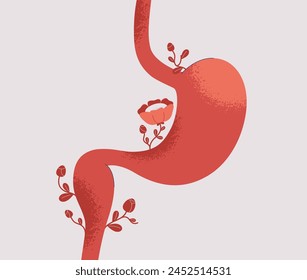 Healthy human stomach in bloom.Good gastric and duodenum function. Digestive wellness and balance. Creativity vector illustration