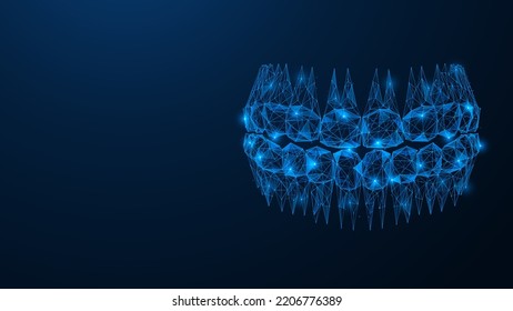 Healthy human teeth. Polygonal design of lines and dots. Blue background.