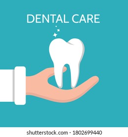 A healthy human tooth is in your hand. Symbol of dental care, oral health. Design element on the theme of dentistry, a healthy lifestyle.Flat style, isolated on a white background. Vector illustration