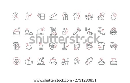 Healthy hygiene and care items for bathing, to clean home, clothes line icon set. Toilet paper and mask, soap bubbles of detergent, shaving thin black and red outline symbols vector illustration