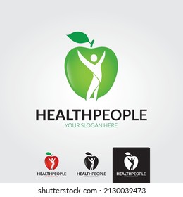 Healthy icon with apple and abstract figure, Apple health care vector logo template