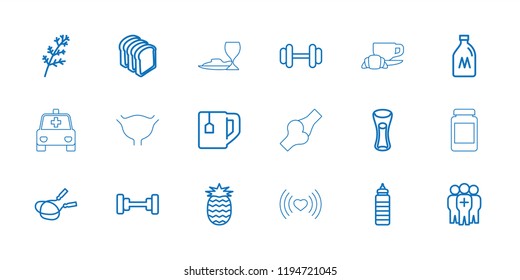Healthy icon. collection of 18 healthy outline icons such as milk can, barbell, jump rope, tea cup, milk glass, bread slices. editable healthy icons for web and mobile.