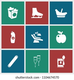Healthy icon. collection of 9 healthy filled icons such as baby basket, apple, water bottle, take away food, bandage, dental chair. editable healthy icons for web and mobile.