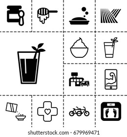 Healthy icon. set of 13 filled and outline healthy icons such as field, honey, baby food, floor scales, soap, hospital, cocktail, milkshake, cereal, bandage