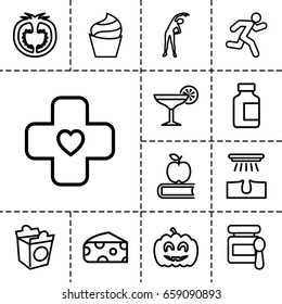 Healthy icon. set of 13 outline healthyicons such as cheese, baby food, hair removal, cream, exercising, take away food, medical bottle, tomato, bandage, pumpkin haloween