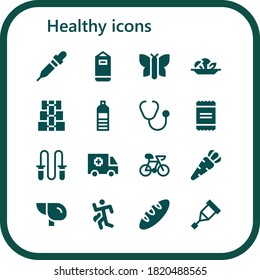 healthy icon set. 16 filled healthy icons. Included Pipette, Punching bag, Butterfly, Mushroom, Dumbbell, Water bottle, Stethoscope, Powder, Jumping rope, Ambulance, Bike icons