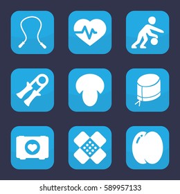 healthy icon. Set of 9 healthy filled icons such as mushroom, peach, heartbeat, case with heart, nurse hat, bandage, basketball player, skipping rope
