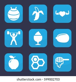 healthy icon. Set of 9 filled healthy icons such as apple, honey, Lemon, milkshake, heart with muscles, banana, power lifter