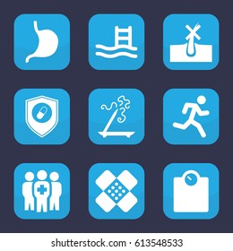 Healthy icon. set of 9 filled healthy icons such as no hair in skin, aroma stick, stomach, health insurance, medical group, bandage, pool ladder, running man