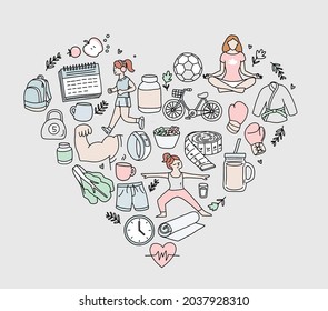 Healthy icon set arranged into a heart. including exercise, wellness, health, weight, drinks, protein, team sports and more.