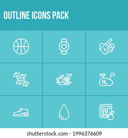 Healthy icon set and basketball with fitness bike, vitamins and training shoe. Exercise bicycle related healthy icon vector for web UI logo design.