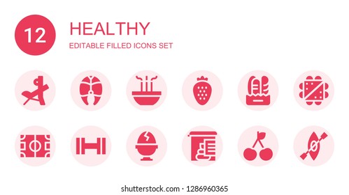 healthy icon set. Collection of 12 filled healthy icons included Bench press, Fish, Incense, Strawberry, Bread, Field, Dumbbell, Boiled egg, Stool test, Cherry, Sandwich, Kayak