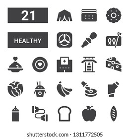 healthy icon set. Collection of 21 filled healthy icons included Bread, Apple, Chest expander, Punching bag, Inhalator, Dropper, Banana, Rice, Cabbage, Cheese, Gym bars, Hospital