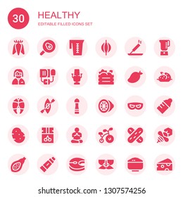 healthy icon set. Collection of 30 filled healthy icons included Tuber, Fried egg, Jar, Punching bag, Incense, Dentist, Blood pressure, Dentist chair, Fruit box, Mango, Fish, Kayak