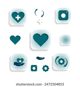 healthy icon set. image of heart and plus, with shadow. modern design style. Suitable for use in medicine, UI, web, etc. vector template design