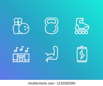 Healthy icon set and kettlebell with music player, energy dose and bowling. Boombox related healthy icon vector for web UI logo design.