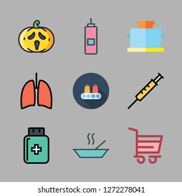healthy icon set. vector set about shopping cart, supermarket, syringe and vinegar icons set.