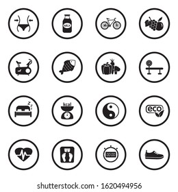 Healthy Icons. Black Flat Design In Circle. Vector Illustration.