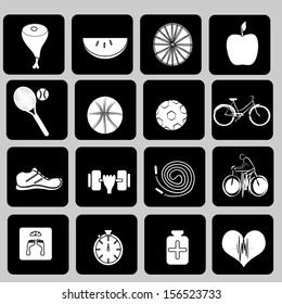 healthy icons, or a healthy lifestyle, in black and white.