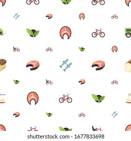healthy icons pattern seamless. Included editable flat salmon, sardine, Bike Child seat, vegetarian, fish steak, Bike, bread, Pasta, pet trailer icons. healthy icons for web and mobile.