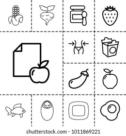 Healthy icons. set of 13 editable outline healthy icons such as apple, eggplant, baby food, slim, take away food, paper and apple, egg, strawberry, beet, corn, soap