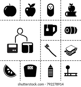 Healthy icons. set of 13 editable filled healthy icons such as apple, baby food, apple on book, tea cup, sandwich, fintess equipment, fitness bottle, tooth brush, watermelon