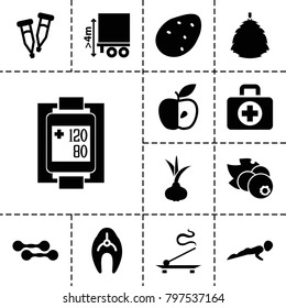 Healthy icons. set of 13 editable filled healthy icons such as fish, potato, onion, apple, cargo height, pipette, blood pressure measure, berry, currant, aroma stick, dumbbell