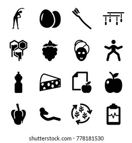 Healthy icons. set of 16 editable filled healthy icons such as egg, pepper, exercising, spa mask, man doing exercises, fitness bottle, paper and apple, abdoninal workout