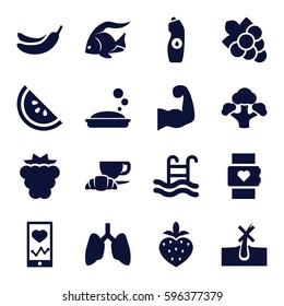 healthy icons set. Set of 16 healthy filled icons such as mulberry, fish, no hair in skin, Banana, Grape, soap, water bottle, coffee and croissant, heartbeat on phone