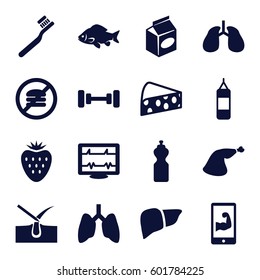 healthy icons set. Set of 16 healthy filled icons such as fish, shave hair in skin, barbell, toothbrush, meat leg, take away food, heartbeat, liver, lungs, cheese