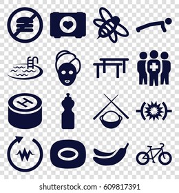 Healthy icons set. set of 16 healthy filled icons such as spa mask, pool, Banana, soap, bee, case with heart, medical group, hospital, asian food, bicycle, pressure, heartbeat