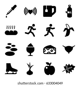 Healthy icons set. set of 16 healthy filled icons such as leaf, onion, cheese, oil, pipette, heart, tea cup, milkshake, bladder, running, banana, bread, ice skate, spa stone