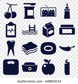 Healthy icons set. set of 16 healthy filled icons such as cherry, cream box, soap, cleanser, ketchup, pepper, take away food, tooth, pool, heartbeat clipboard, nurse hat, hair