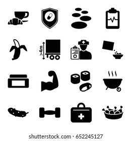 Healthy icons set. set of 16 healthy filled icons such as cream box, chicken leg, cucumber, coffee and croissant, banana, cereal, heartbeat clipboard, cargo height