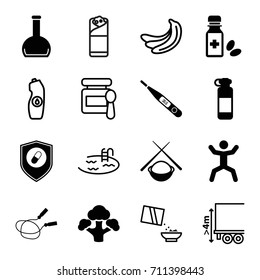 Healthy icons set. set of 16 healthy filled and outline icons such as jump rope, squat, broccoli, medicine bottle, health insurance, bottle, thermometer, asian food, banana