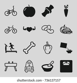 Healthy icons set. set of 16 healthy filled and outline icons such as apple, porridge, treadmill, floor scales, heart with muscles, bone, cereal, bicycle, pepper, bean