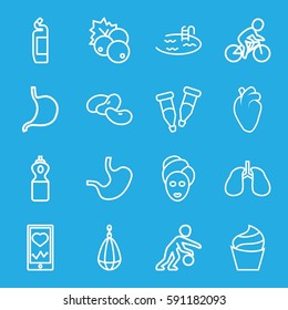 healthy icons set. Set of 16 healthy outline icons such as currant, bean, cream, spa mask, pool, cleanser, stomach, heart organ, lungs, heartbeat on phone, pipette, bicycle