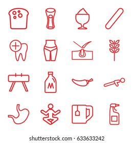 Healthy icons set. set of 16 healthy outline icons such as milk can, shave hair in skin, cleanser, tea cup, pepper, milk glass, milkshake, push up, dental care, bandage