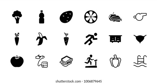 Healthy icons. set of 18 editable filled and outline healthy icons: potato, apple, cauliflower, beehouse, sandwich and apple, carrot on fork, bladder, lemon, banana, running