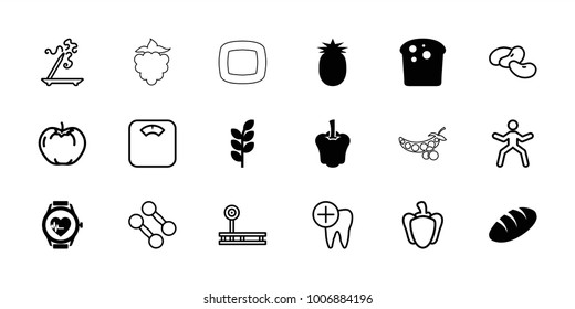 Healthy icons. set of 18 editable filled and outline healthy icons: bread, heartbeat watch, pineapple, apple, bean, aroma stick, dumbbell, floor scales, fintess equipment