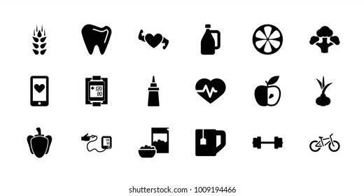 Healthy icons. set of 18 editable filled healthy icons: wheat, onion, barbell, ketchup, tea cup, heartbeat, apple, lemon, broccoli, pepper, blood pressure measure