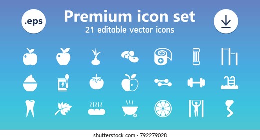 Healthy icons. set of 21 editable filled healthy icons includes onion, bean, milkshake, expander sport, man doing exercises, apple, barbell, tooth, bandage, bread