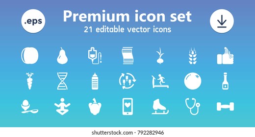 Healthy icons. set of 21 editable filled healthy icons includes wheat, harvest, orange, pear, treadmill, boiled egg, yoga, fitness bottle, stethoscope, drop counter, carrot