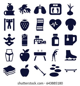 Healthy icons set. set of 25 healthy filled icons such as mushroom, onion, fish, exercising, floor scales, toothbrush, tea cup, burrito, apple, medical bottle, lungs
