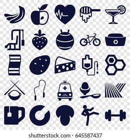 Healthy icons set. set of 25 healthy filled icons such as field, mushroom, potato, banana, honey, tea cup, boiled egg, apple, drop counter, barbell, strawberry, nurse hat