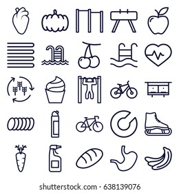 Healthy icons set. set of 25 healthy outline icons such as harvest, pumpkin, cherry, banana, bread, beehouse, towels, cream, cleanser, apple, heartbeat, carrot, heart organ