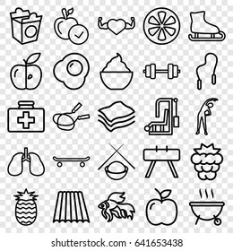 Healthy icons set. set of 25 healthy outline icons such as fish, field, mulberry, exercising, jump rope, apple, milkshake, take away food, first aid kit, heart with muscles