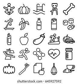 Healthy icons set. set of 25 healthy outline icons such as pumpkin, eggplant, oil, hair removal, toothbrush, aroma stick, cleanser, burrito, coffee and croissant