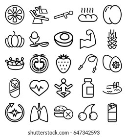 Healthy icons set. set of 25 healthy outline icons such as wheat, peach, baby food, no fast food, pool, cherry, chicken leg, burrito, boiled egg, pumpkin, heartbeat