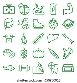 Healthy icons set. set of 25 healthy outline icons such as wheat, fish, pumpkin, cream box, no fast food, slim, toothbrush, sandwich, first aid kit, barbell, liver, strawberry